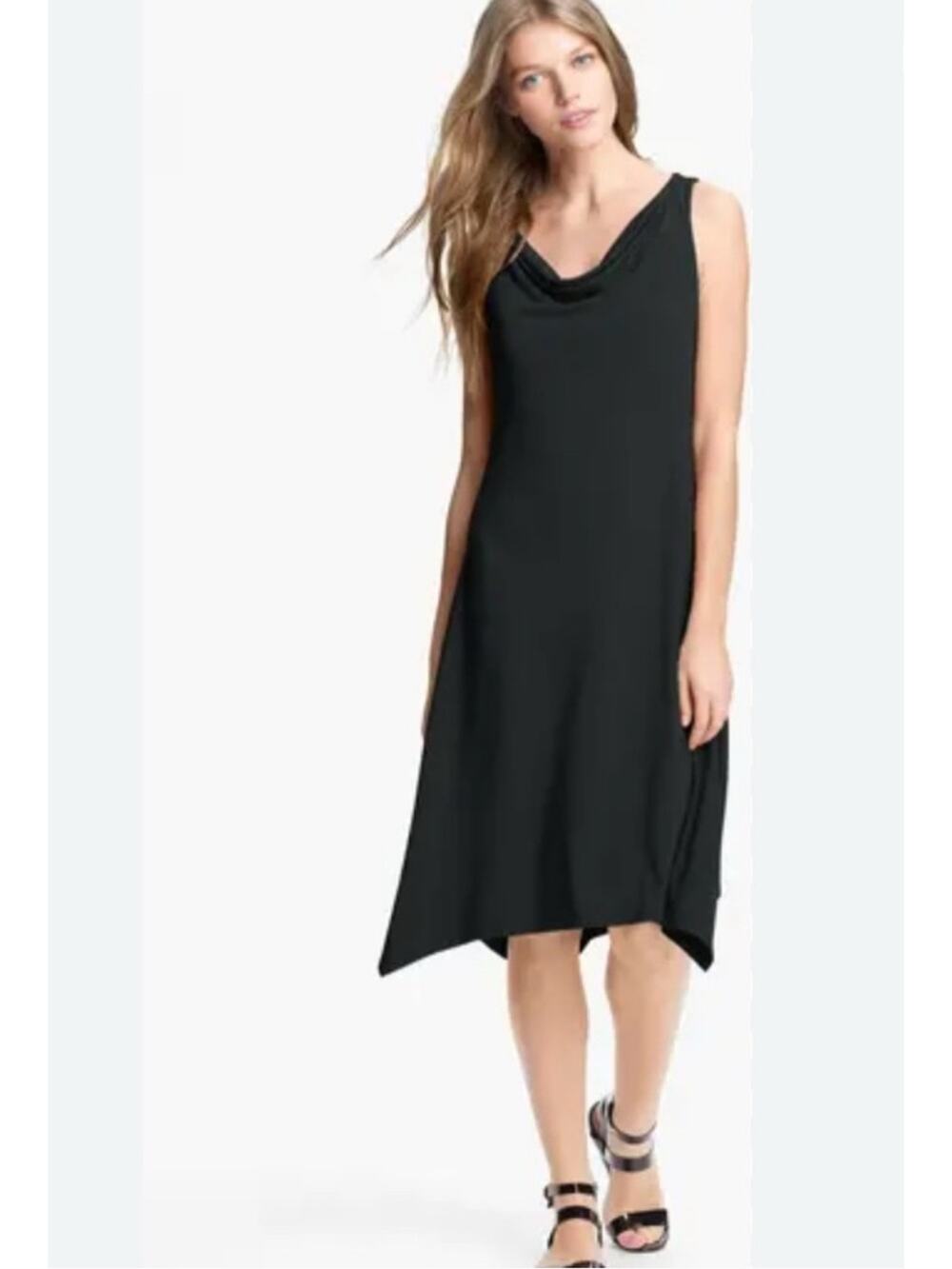 Eileen Fisher Sleeveless Jersey Swing Dress Draped Neckline Black Petite Medium